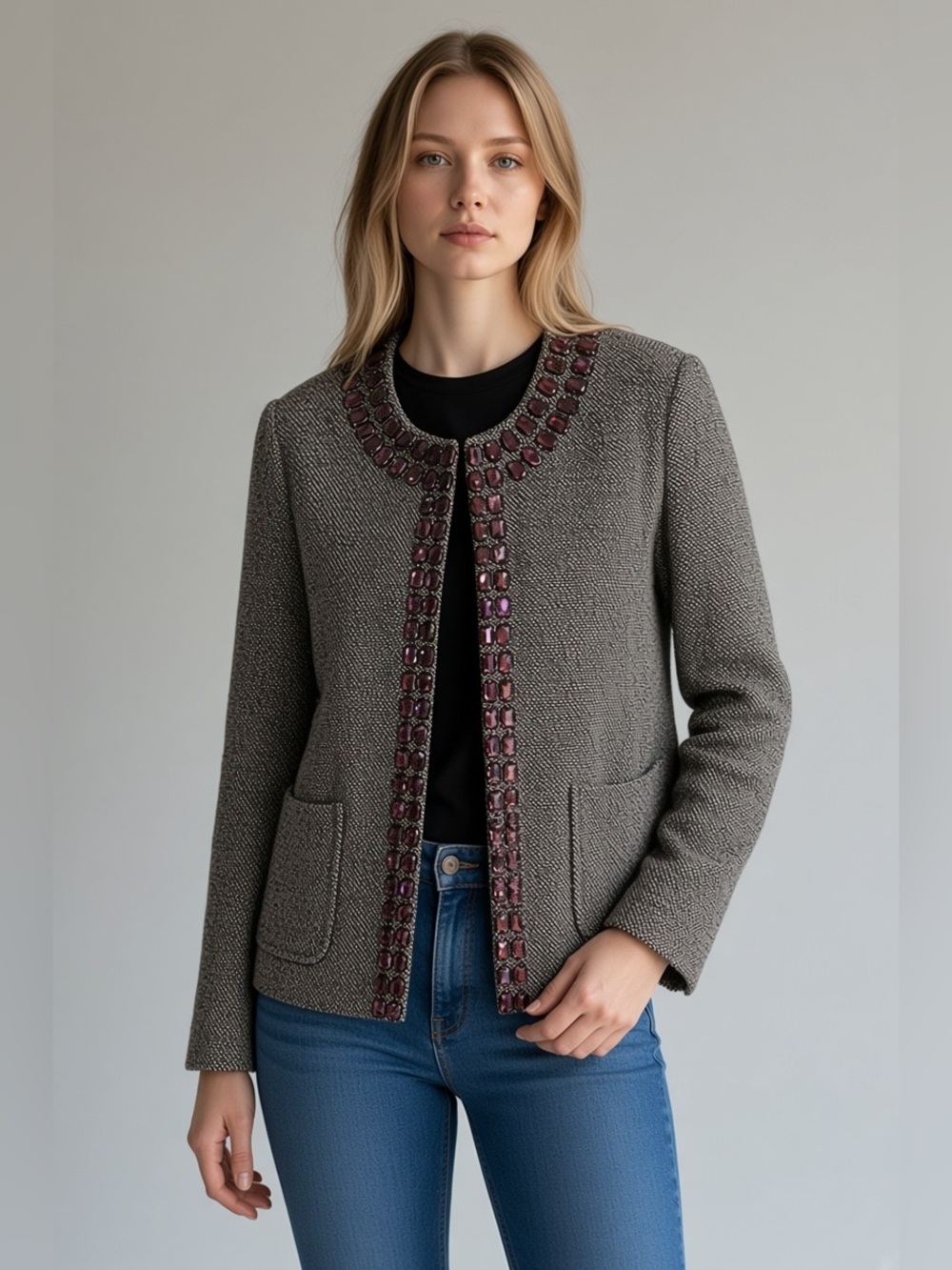 LIKE NEW! DANA BUCHMAN JEWELED METALLIC TWEED OPEN FRONT JACKET BLAZER SIZE 16